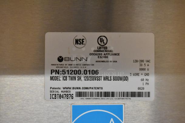 Label on 2020 Bunn ICB TWIN SH stainless steel double coffee machine, showing model info and voltage settings, 120/208V, 1 phase.