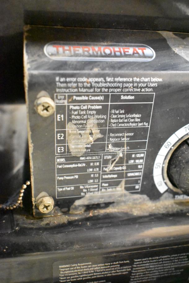 Thermoheat RMC-KFA125TL1 Kerosene Heater, model label with troubleshooting chart, used condition, visible wear.