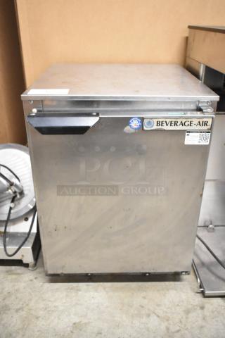 Beverage Air UCR20Y-141 stainless steel undercounter cooler, single door, commercial use, 115 volts, 1 phase. Visible label.
