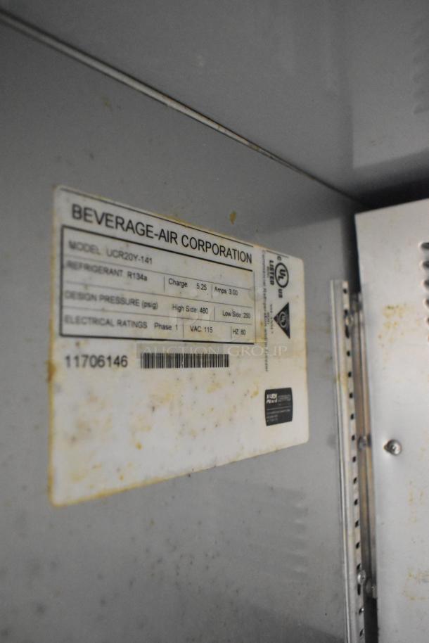 Beverage Air UCR20Y-141 undercounter cooler label showing model, refrigerant type, design pressure, and electrical ratings.
