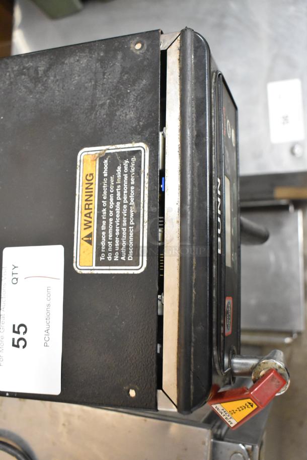 Bunn ITCB-DV stainless steel iced tea machine, hot water dispenser, poly brew basket, warning labels visible.