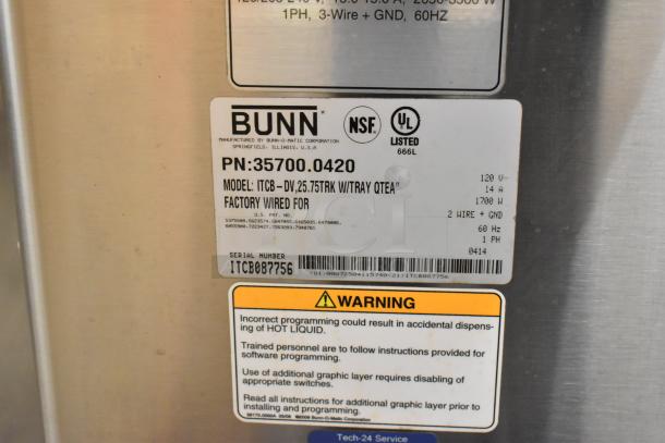Bunn ITCB-DV iced tea machine label, indicating 120 volts, 1 phase, UL listed. Model: ITCB-DV. Serial: ITC8087756.