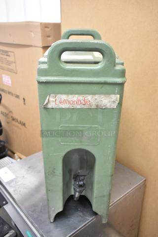 Cambro 500LCD green poly insulated beverage holder, labeled "Lemonade," with spigot, in fair condition.