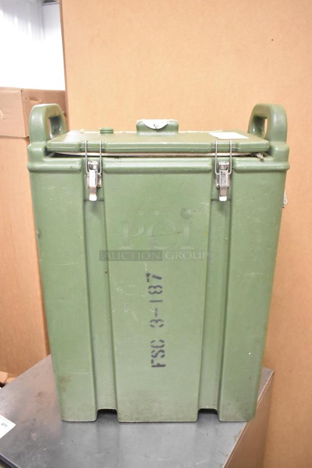 Cambro 500LCD green poly insulated beverage holder, features metal latches and handles, signs of wear, marking "FSC 3-1-87."