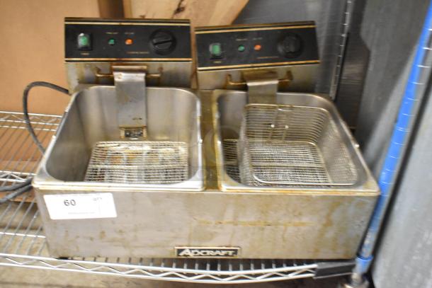 Adcraft stainless steel double fryer, electric, 120V, 1 phase, with 2 metal baskets; visible exterior wear, model tag attached.