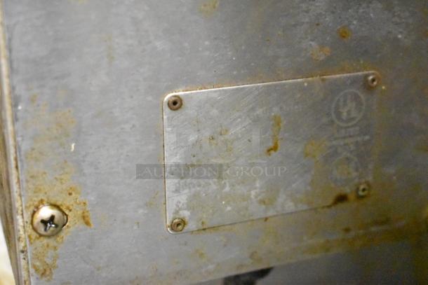 Adcraft stainless steel commercial countertop double fryer, electric powered, with 2 metal baskets. Visible wear and markings.