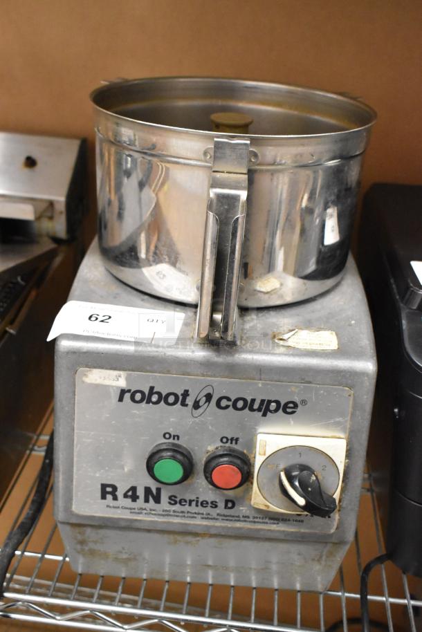 Robot Coupe R4N commercial food processor, metal body, with bowl and S blade, 220V, 3 phase, used condition, visible markings.
