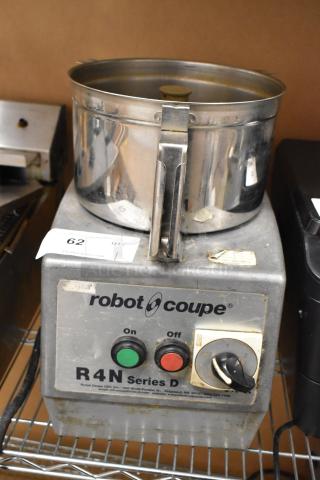 Robot Coupe R4N commercial food processor, metal body, with bowl and S blade, 220V, 3 phase, used condition, visible markings.