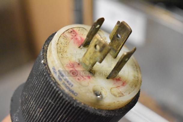 Close-up of a 220V, 20A, 250VAC plug suitable for the Robot Coupe R4N food processor, showing wear and voltage markings.