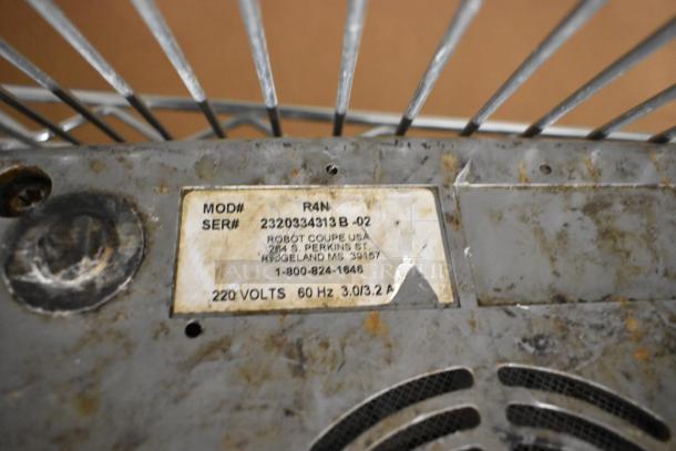 Robot Coupe R4N label showing model, serial number, and voltage details. Used commercial food processor, 220 volts, 3 phase.
