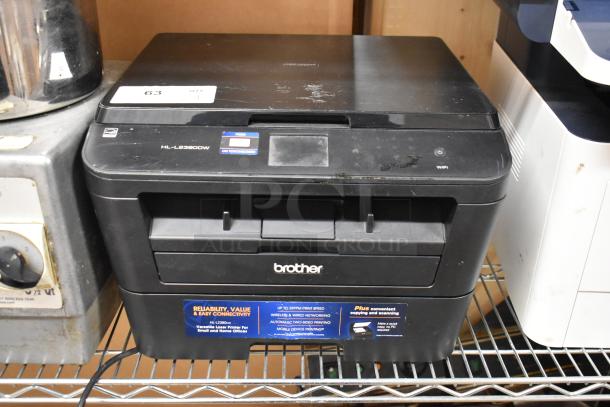 Brother HL-L2380DW printer; multifunctional copier and fax, minor scuffs. Visible label: reliability, easy connectivity.