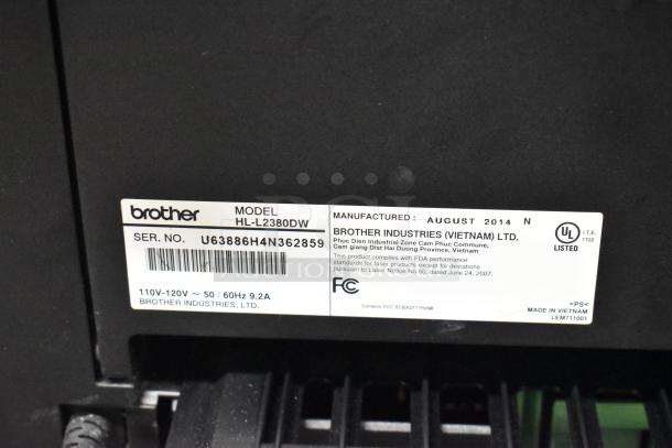 Brother HL-L2380DW printer label showing model number, serial number U63886H4N362859, and manufacturing date August 2014.