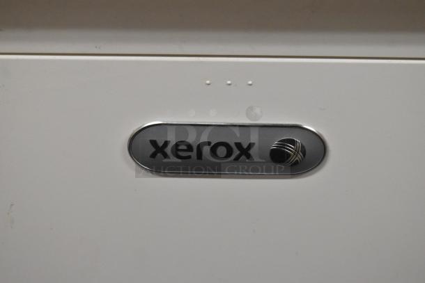 Xerox WorkCentre 3345 printer copier, logo detail, used condition, countertop model, suitable for office use.