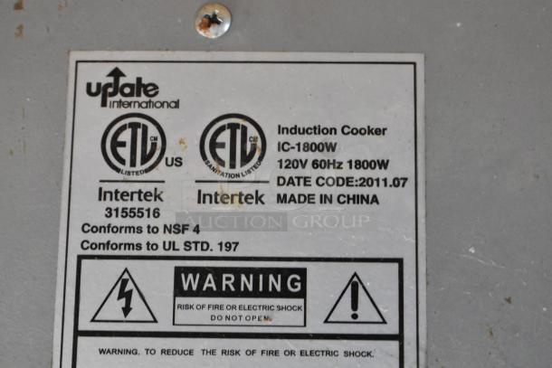 Update IC-1800W Induction Range label showing specifications, compliance marks, and warning details. 120V, 60Hz, 1800W.