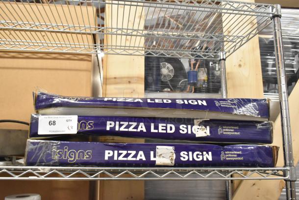 3 Pizza LED Signs, 120 Volts, 1 Phase, new condition. Packaging shows some wear. Quantity: 3 per auction.