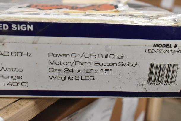 LED pizza sign box label. Model LED-PZ-2412-RO. Size: 24"x12"x1.5". Weight: 6 lbs. Features pull chain and button switch.