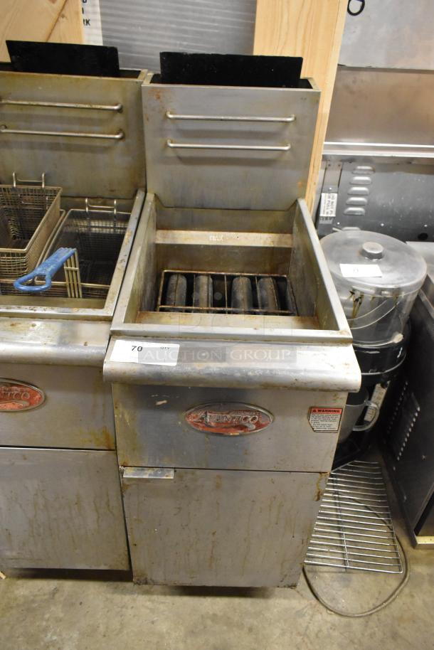 Avantco EF400-P stainless steel propane gas fryer with 2 metal baskets. 120,000 BTU. Visible wear. Marked Avantco.