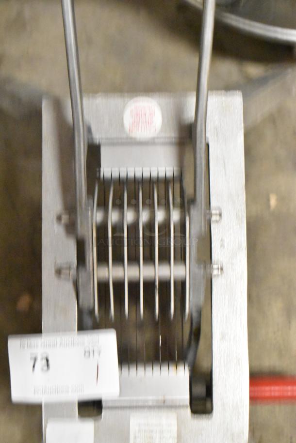 Vollrath Metal Countertop Onion King Slicer, features sharp blades, sturdy metal body, auction tag visible.