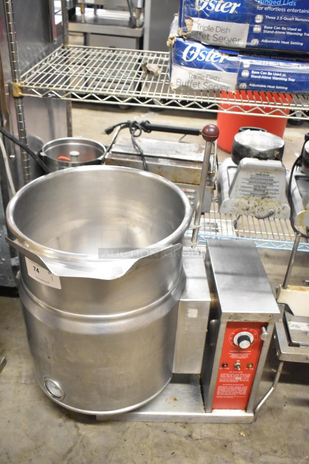 Crown EC-10TM stainless steel 10-gallon steam kettle. Electric powered, 208/240V, 3-phase. Used, commercial condition.