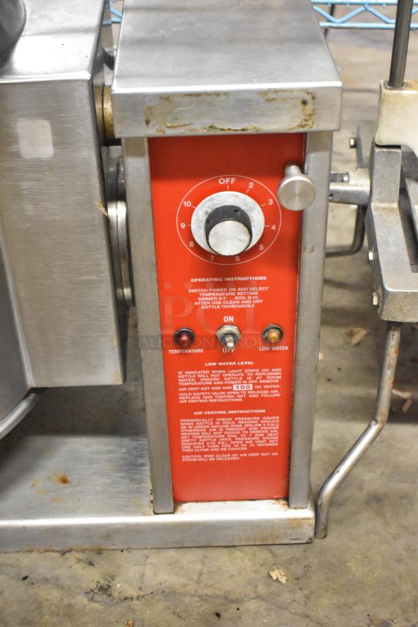 Crown EC-10TM 10 Gallon Steam Kettle, stainless steel, electric, 208/240V, 3-phase, temperature controls, visible operational instructions.