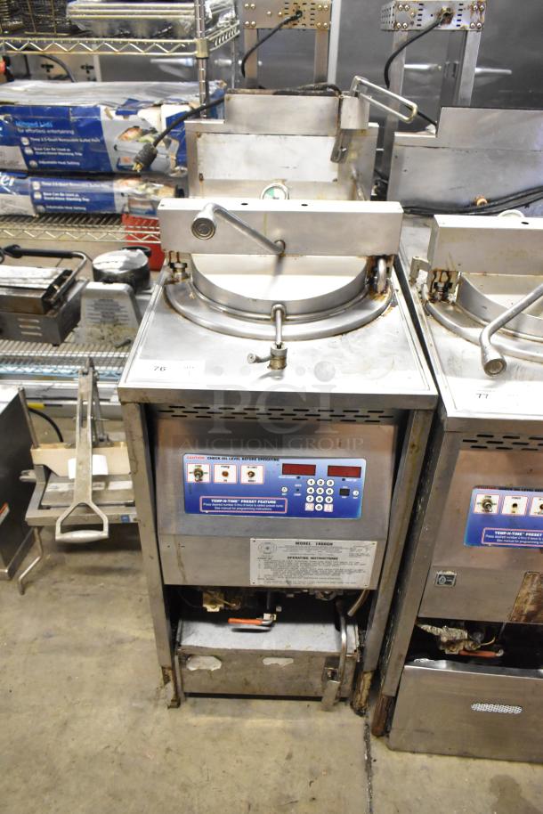 Broaster 1800GH stainless steel gas pressure fryer, 65,000 BTU, commercial floor style. Visible controls and panels.