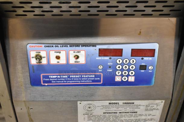 Broaster 1800GH stainless steel pressure fryer control panel, natural gas, 65,000 BTU, Temp-N-Time preset feature, model label.