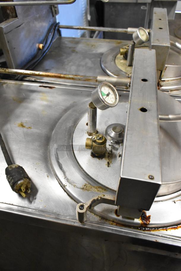 Broaster 1800GH stainless steel pressure fryer, natural gas powered, 65,000 BTU, gauge visible, used condition.