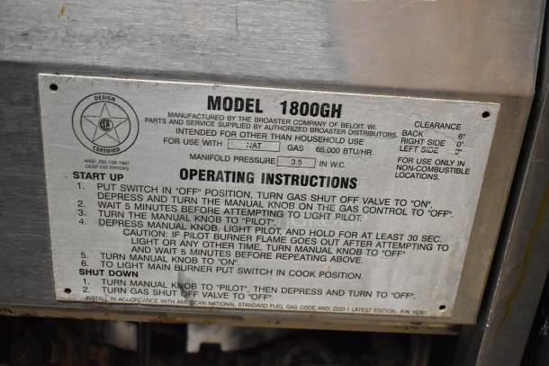 Broaster 1800GH stainless steel natural gas pressure fryer label. Features 65,000 BTU, operating instructions, and safety info.