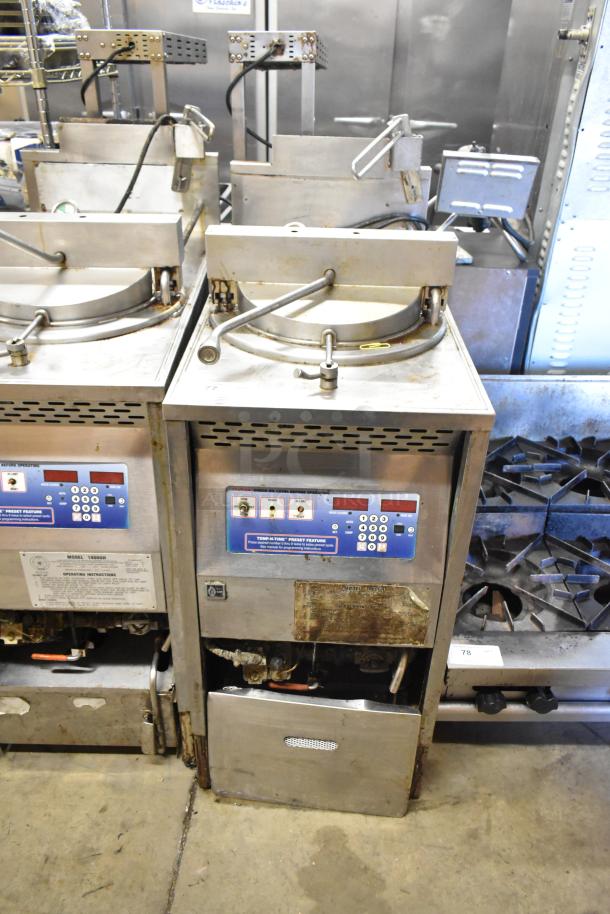 Broaster 1800GH stainless steel pressure fryer, natural gas, 65,000 BTU. Includes control panel and manual tag, commercial use.
