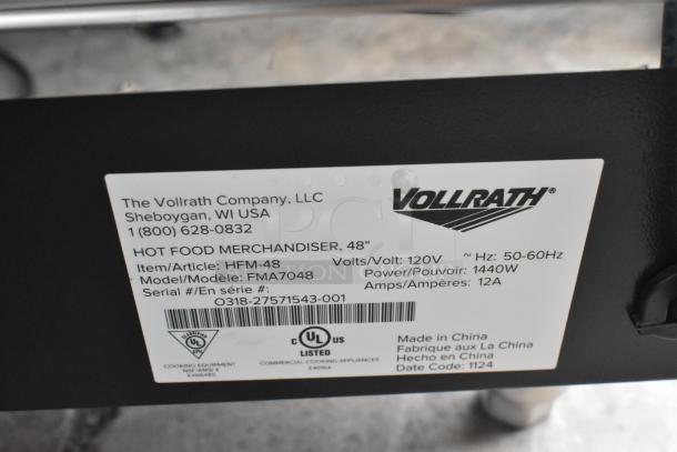 Alt text: "Vollrath 922HFM48 metal countertop hot food merchandiser label shows 120V, 1440W, serial number, and UL listing."