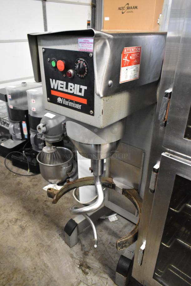 Varimixer W60P commercial planetary dough mixer, includes dough hook and paddle attachments, 208V, 3 phase, metal frame.