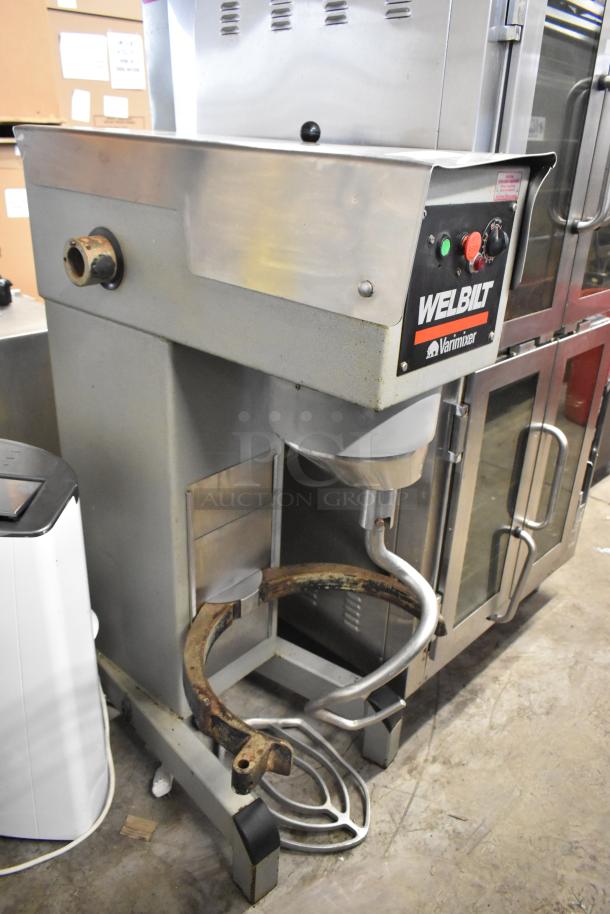 Varimixer W60P metal commercial planetary dough mixer with dough hook and paddle, 208V, 3-phase. Visible Welbilt branding.
