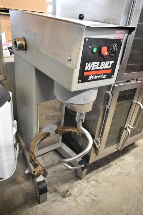 Varimixer W60P commercial planetary dough mixer with attachments, metal finish, 208V, 3-phase, visible control panel.