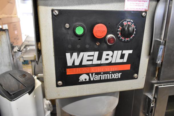 Varimixer W60P commercial mixer with control panel featuring Welbilt branding, includes dough hook and paddle, 208V, 3 phase.