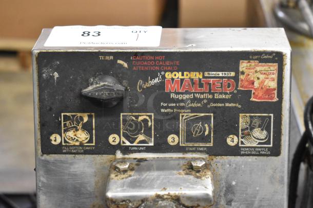 Metal commercial countertop waffle maker, Carbon's Golden Malted brand, rugged design, 115V, used condition, visible instructions.
