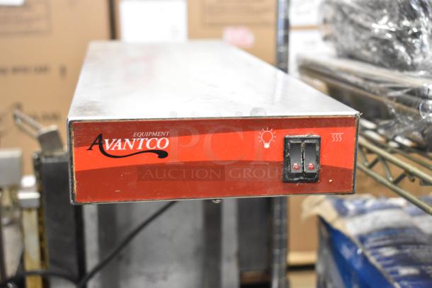 Avantco commercial countertop food warmer, metal, 120 volts, 1 phase, two warming controls, label visible on front panel.