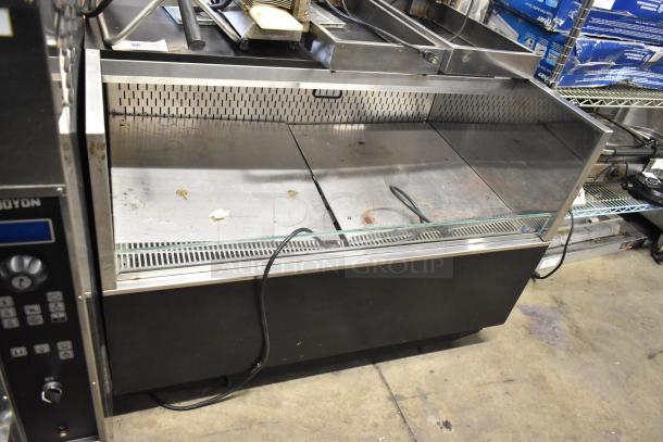 Metal commercial grab-n-go merchandiser, horizontal floor style, 115 volts, 1 phase, glass front, fair condition.