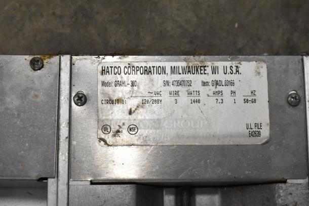 Hatco GRAHL-30D metal heat strip, 120/208V, 1 Phase; label showing model, voltage, and certifications.