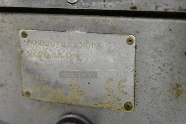 Adcraft SG-811 metal countertop panini press with visible wear, showing maker and model plate. 120V, 1 phase.