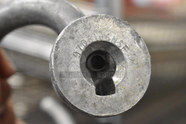 Metal dough hook attachment with engraved serial number 9708196NSF, designed for food processor compatibility.