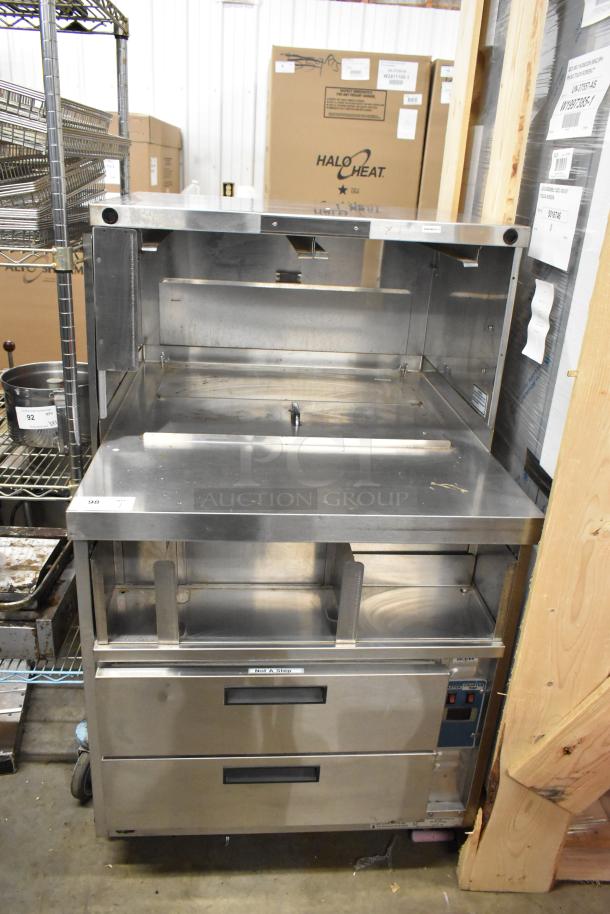 2017 Duke DPC-32-120-DRW-DR-LM stainless steel prep table, 120V, 1 phase, dual drawers, and storage compartments.