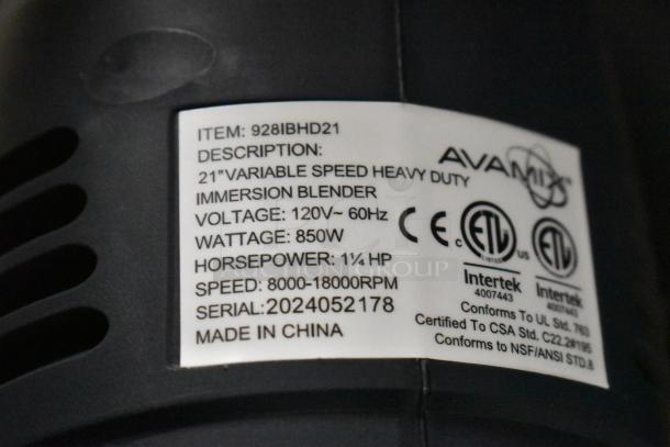 AvaMix 928IBHD21 21" heavy-duty immersion blender label, 1 1/4 hp, 850W, 120V, variable speed 8000-18000 RPM, scratch and dent.