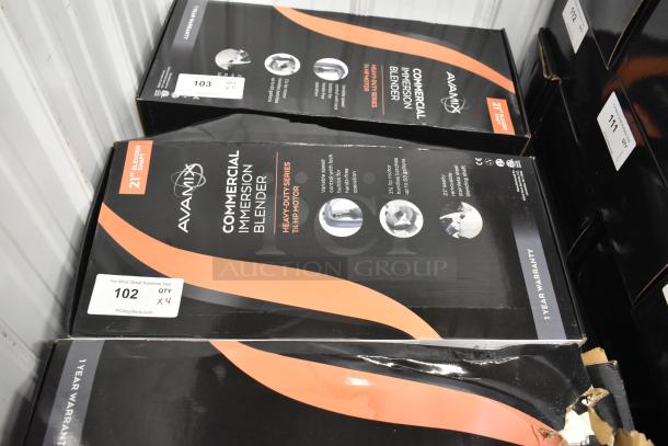 4 new AvaMix 928IBHD21 heavy-duty immersion blenders, 1 1/4 hp, 21", variable speed, 120V, 1-phase. Scratch and dent condition.