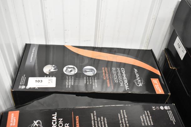 4 AvaMix 928IBHD21 21" immersion blenders, new, scratch and dent, 1 1/4 hp, variable speed, 120V. Box shows 1-year warranty.