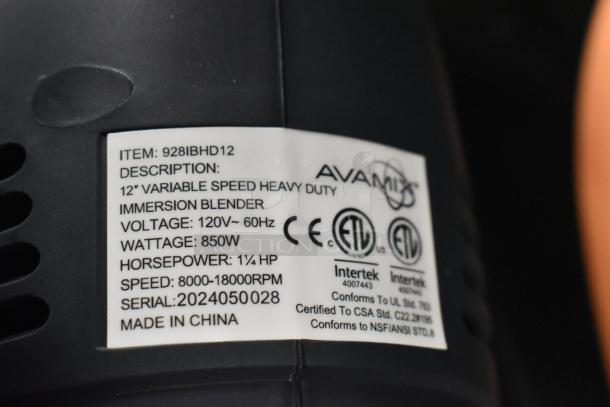 Label of AvaMix 928IBHD12 immersion blender; 12" heavy-duty, 1 1/4 hp, 850W, 120V, variable speed, made in China.