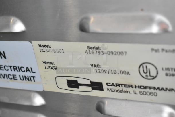 Carter Hoffmann MC3W2SN01 stainless steel holding bin with model, serial, and UL label. 1200W, 120V, 10A, 1 phase.