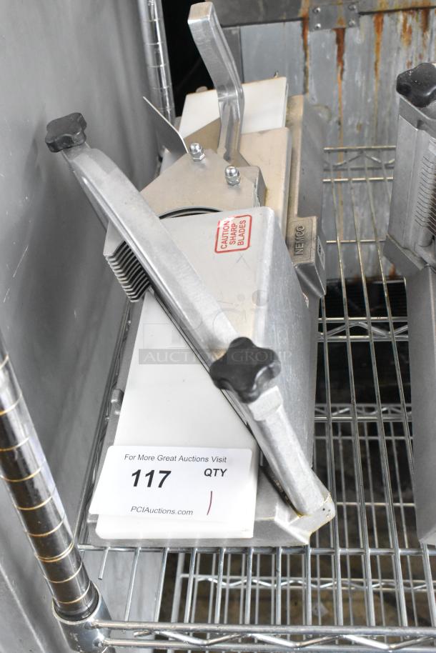 Nemco 56600 Metal Countertop Tomato Slicer, stainless steel, visible sharp blade caution label, item tag "117".