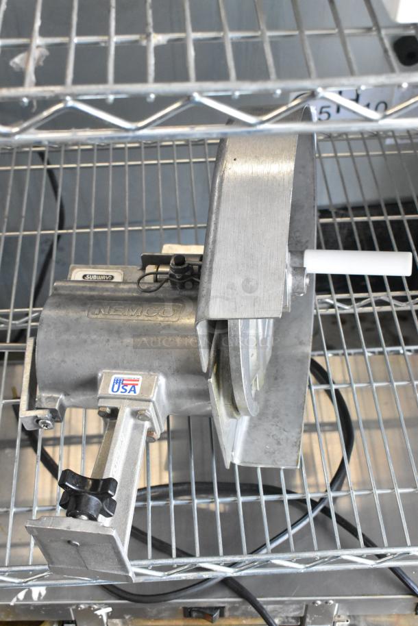Nemco 55200AN metal countertop vegetable slicer, featuring sturdy construction and USA marking, in good condition.