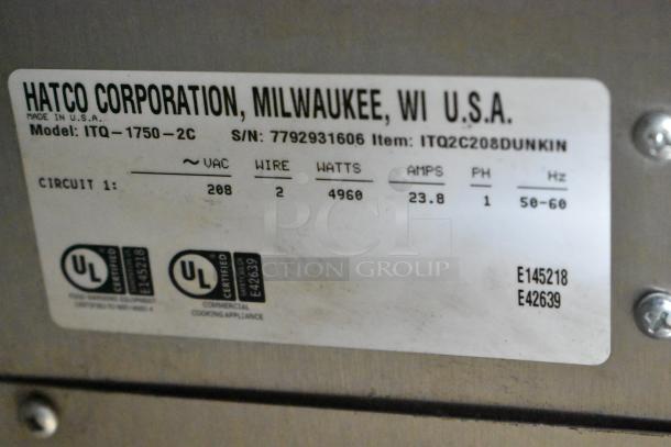 Hatco ITQ-1750-2C stainless steel commercial toaster label. 208 volts, 4960 watts, UL certified, S/N: 7792931606.