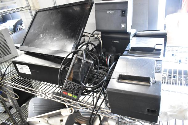 ViewSonic POS monitor, 4 Epson printers, Verifone credit card reader, metal cash drawer, computer keyboard, used condition.